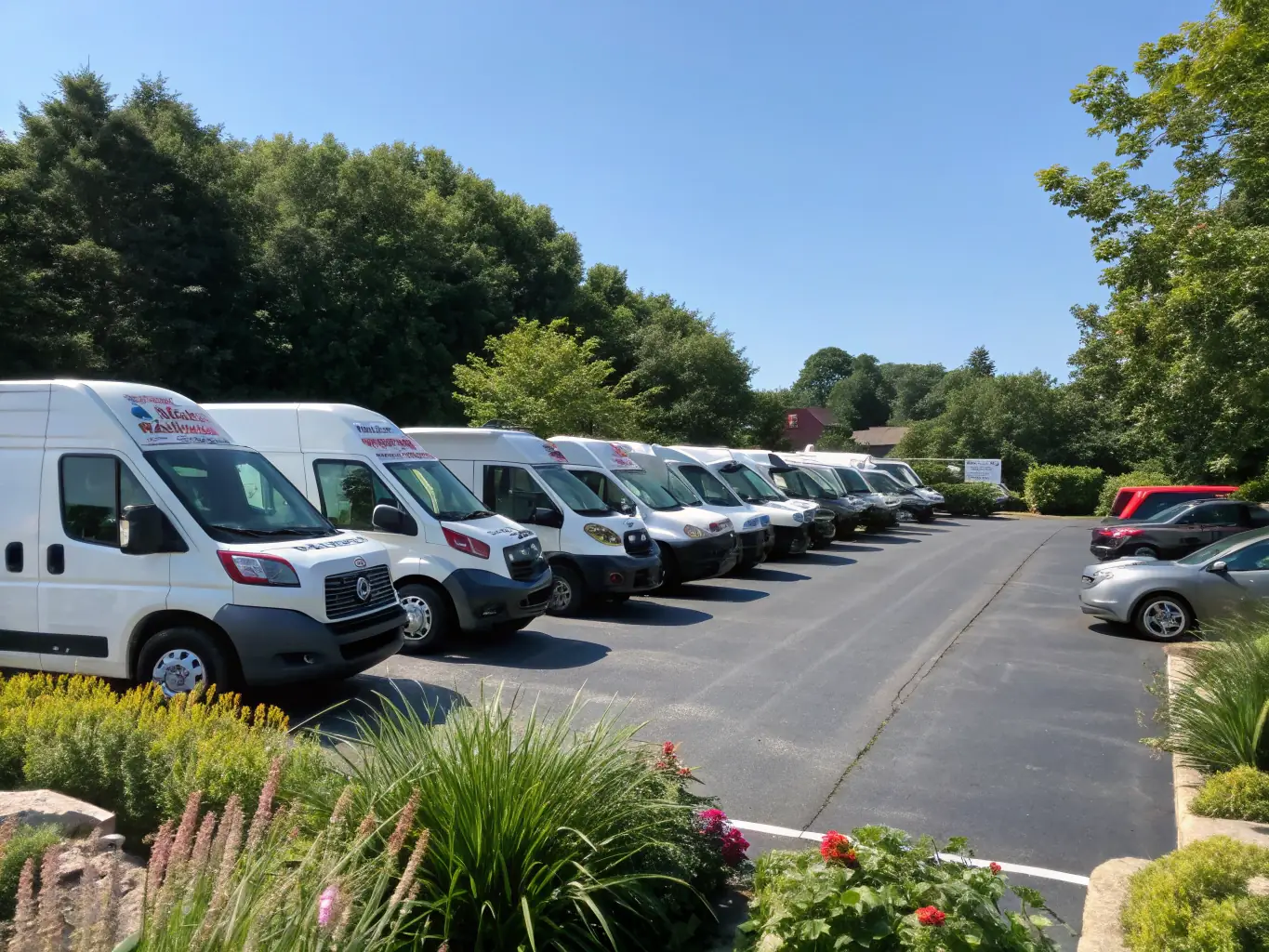 A diverse array of Vantastic Services LLC vans parked neatly in a company lot, highlighting the variety of vehicle sizes and types available.