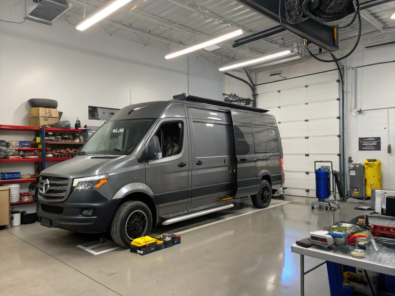 A Vantastic Services LLC van undergoing routine maintenance in a clean and organized garage, showcasing the company's commitment to vehicle upkeep.